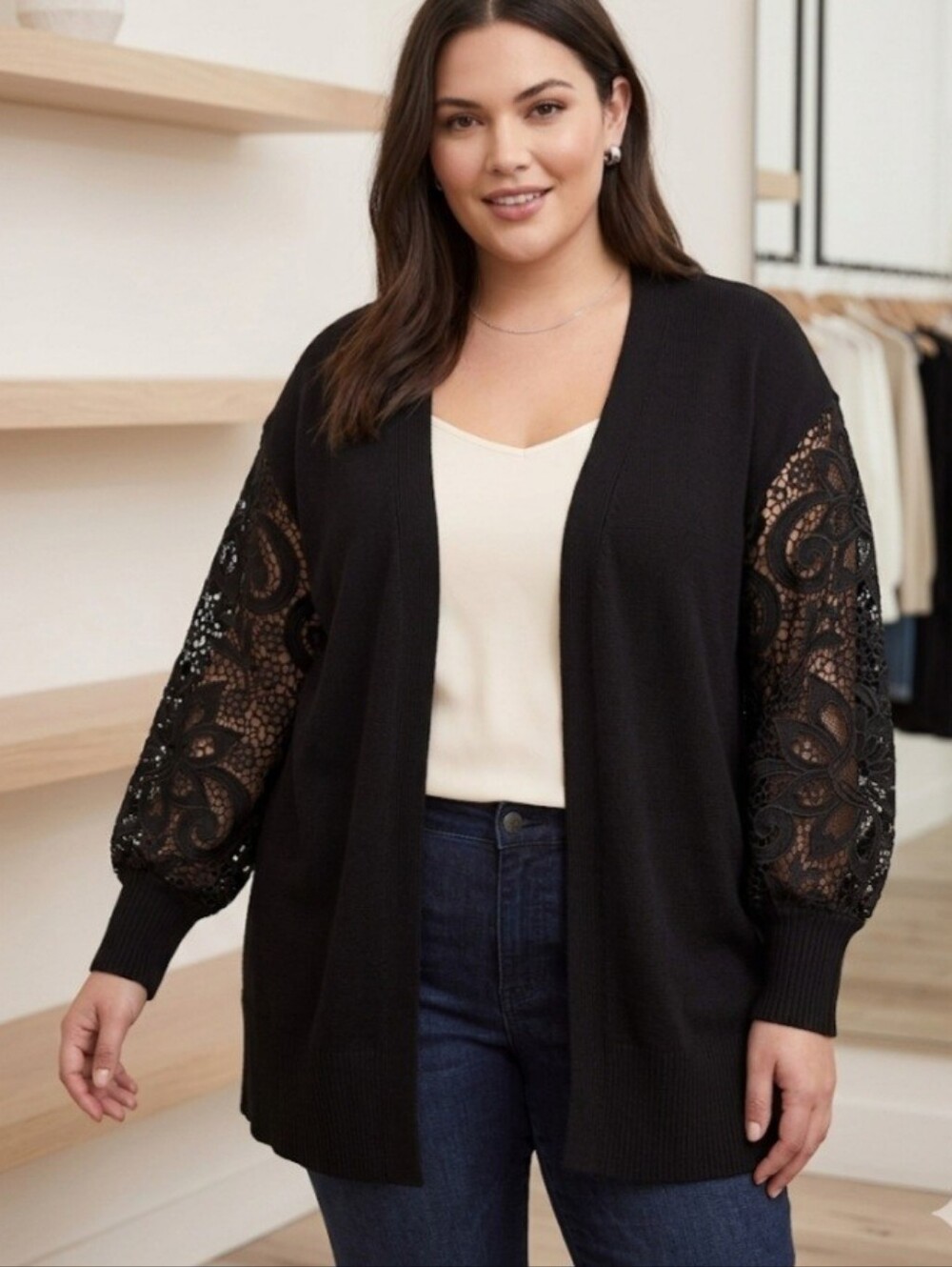 Torrid Black Lace Sleeve Cardigan Sweater NWT Plus Size 3 3X Open Front22-24
